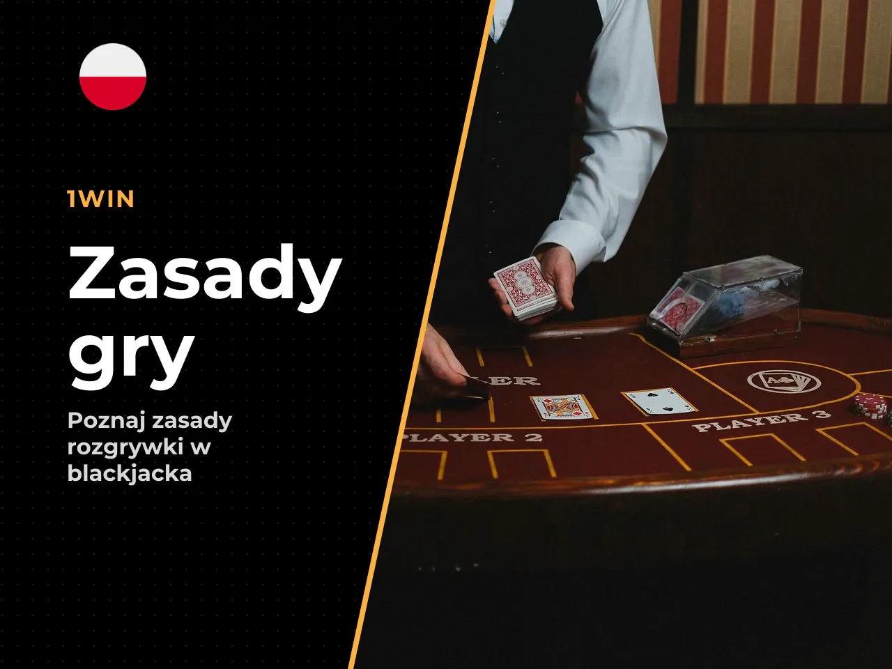 Rozdanie, dwie pierwsze karty i odkryta karta krupiera. Proces rozdania polega na przypisaniu graczowi dwóch odkrytych kart. Jednocześnie krupier pokazuje tylko **jedną swoją kartę** (odkrytą, cards f